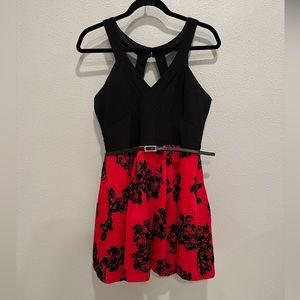 Junior’s Crystal Doll Black and Red Floral Formal Dress